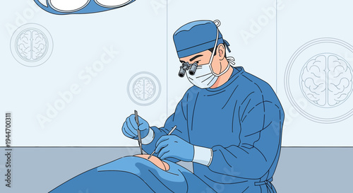 Surgeon Performing Brain Surgery with Magnifying Loupes in Operating Room