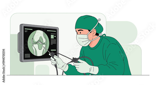 Surgeon Performing Arthroscopic Knee Surgery Using Endoscope and Monitor