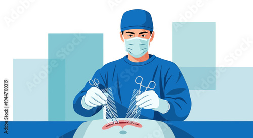 Surgeon Performing Abdominal Surgery with Surgical Mesh and Instruments
