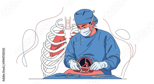 Surgeon Performing Complex Operation with Anatomical Illustration