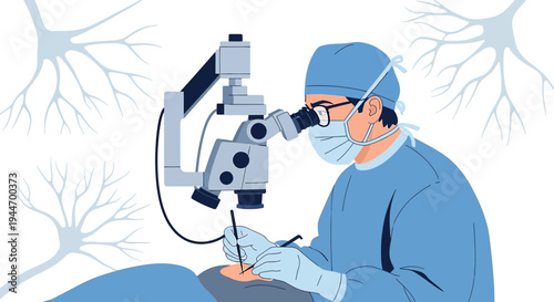 Surgeon Performing Delicate Operation Under Microscope, Neural Network Background