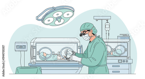 Surgeon Performing Delicate Procedure on Infant in Incubator