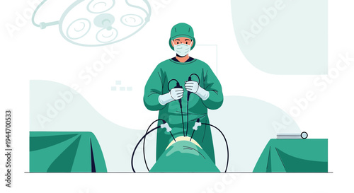 Surgeon Performing Laparoscopic Surgery in Operating Room with Modern Medical Equipment