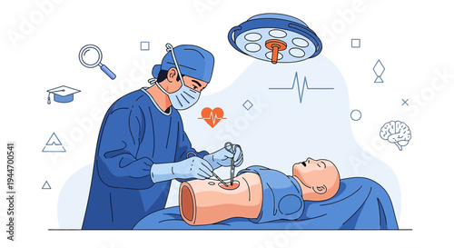 Surgeon Performing Laparoscopic Surgery on Patient Under Operating Room Lights