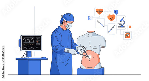 Surgeon Performing Laparoscopic Surgery Simulation with Medical Monitor and Icons