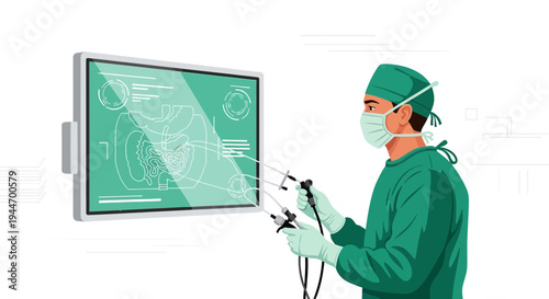 Surgeon Performing Laparoscopic Surgery Using Advanced Technology and Medical Display