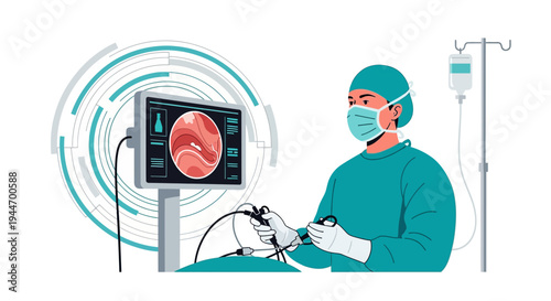 Surgeon Performing Laparoscopic Surgery Using Endoscope and Monitor