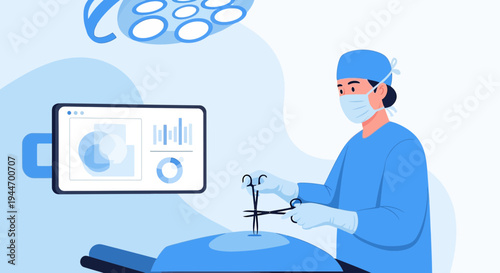 Surgeon Performing Laparoscopic Surgery with Digital Monitor Displaying Data