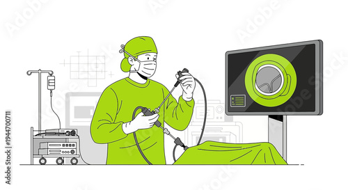 Surgeon Performing Laparoscopic Surgery with Endoscope and Monitor in Operating Room