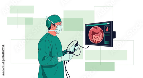 Surgeon Performing Laparoscopic Surgery with Endoscope Displaying Intestines