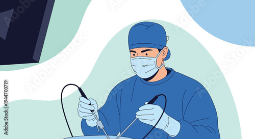 Surgeon Performing Laparoscopic Surgery with Instruments and Monitor