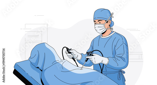 Surgeon Performing Laparoscopic Surgery with Endoscope on Patient in Operating Room