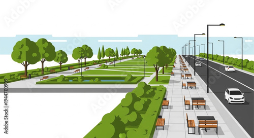 Green park with trees and pathway beside a road with cars.