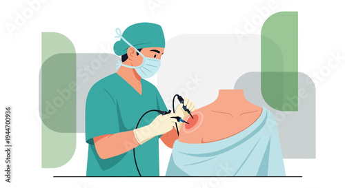 Surgeon Performing Minimally Invasive Procedure with Endoscope on Patient