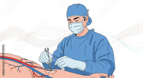 Surgeon Performing Minimally Invasive Surgery on Leg Artery with Surgical Instruments