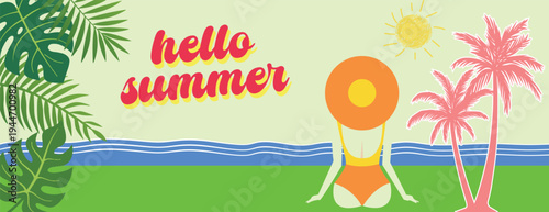 summer tropical banner and background for social media cover, website banner Tropical summer landscape with woman in swimsuit and hat sitting on beach, palm trees, sea waves with monstera leaf border
