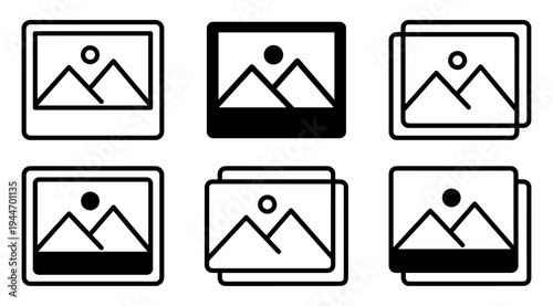 A set of black and white icons representing photo placeholders on a clean white background, ideal for use in graphic design, websites, or applications.