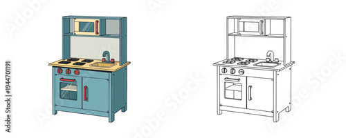 Cartoon toy kitchen for toddlers with cooking stove and sink in linear outline style represents imaginative role play and household activity on white background