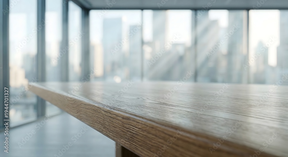 Obraz premium Empty Wooden Table in Modern Office with City View