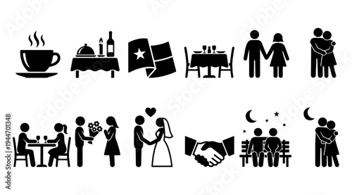 A set of black and white icons depicting various scenes of people dining, relationships, and business interactions in a restaurant setting, conveying love, food, and partnership.