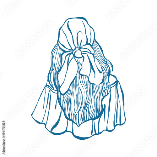 A line sketch illustration of a girl with long hair wearing a bandana. View from the back. Vector outline drawing in blue. Summer beach illustration of a woman.