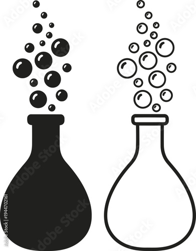 Black and white vector illustration of two chemical flasks with effervescent bubbles, depicting a boiling liquid or reaction, ideal for science, education, or laboratory designs.