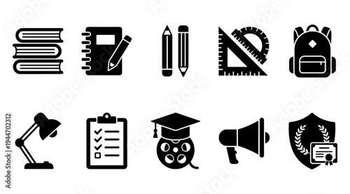 A collection of black and white icons representing education, including school supplies, learning symbols, and academic tools, on a clean white background.