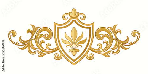 Elegant golden heraldic shield with fleur-de-lis and ornate scrollwork, vector