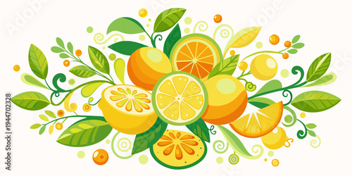 Vibrant citrus fruit illustration with leaves and decorative swirls, vector