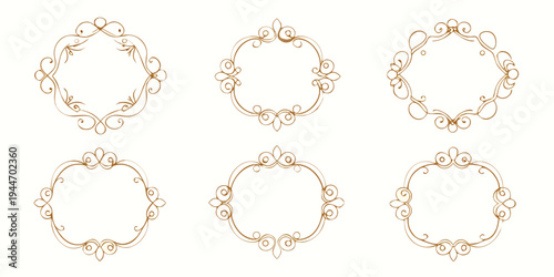 Set of elegant hand drawn gold flourish frames, vector