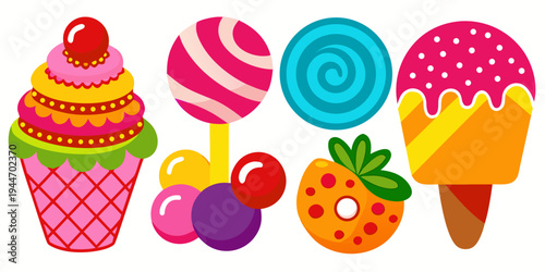 Colorful collection of sweet treats and desserts, vector