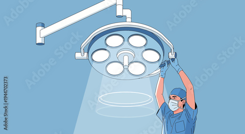 Surgeon Adjusts Operating Room Light, Preparing for Surgical Operation
