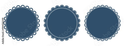 Dark blue lace doily frames set. Three round napkins with scalloped borders, dotted trim. Paper coaster patterns with cutout edges. Vintage invitation, tea party mat, cake decoration. Vector.