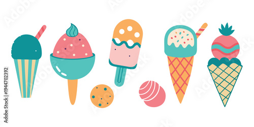 Set of colorful ice cream and frozen dessert icons, vector