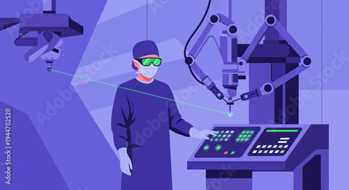 Surgeon controlling robotic arm in futuristic operating room with laser guidance