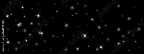 White star particles on black cosmos. Bright cross flares, soft shimmer dots scattered across dark space. Starfield texture for astronomy poster, galaxy banner, night sky wallpaper. Vector.