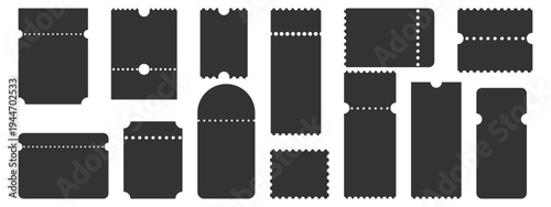 Ticket frame set. Black perforated paper shapes with scalloped edges. Blank voucher, coupon, tag, label templates. Elements for circus, party, cinema. Vector illustration.