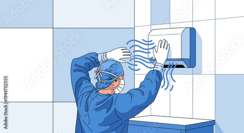 Surgeon Drying Hands with Automatic Dryer in Sterile Operating Room