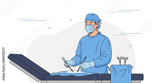 Surgeon in blue scrubs and mask performing surgery with instruments on operating table
