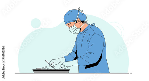 Surgeon in Blue Scrubs Performing Surgical Preparation with Scalpel and Tray