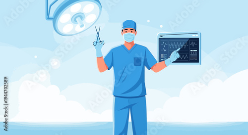 Surgeon in blue scrubs holding scissors and monitor with vital signs, operating room setting