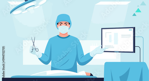 Surgeon in Operating Room with Surgical Tools and Monitor