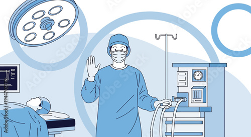 Surgeon in operating room with patient and medical equipment, waving hello