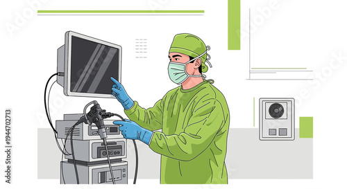 Surgeon in OR operating advanced medical equipment with monitor and endoscope