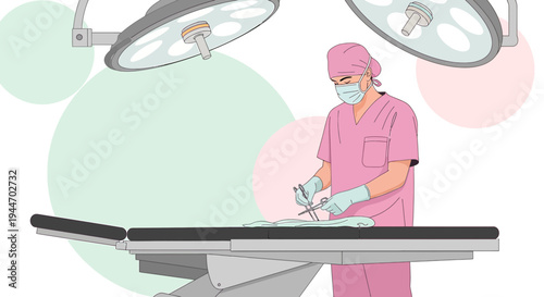 Surgeon in pink scrubs performing surgery under operating room lights