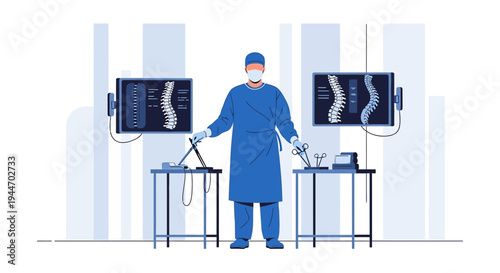 Surgeon in OR with Spine X-rays and Surgical Tools