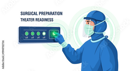 Surgeon in PPE preparing operating room for surgery, theater readiness control panel