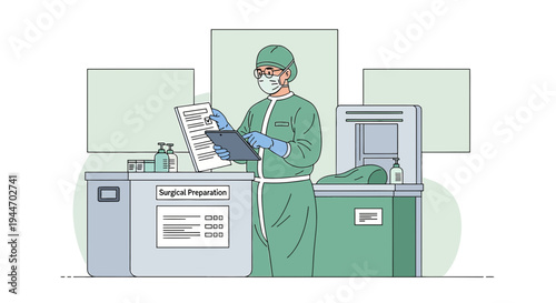 Surgeon in PPE reviews patient chart before surgical operation in modern operating room