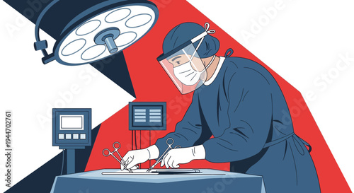 Surgeon in protective gear performing surgery under operating room lights