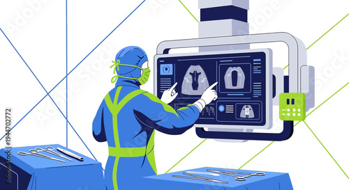Surgeon in protective gear analyzes medical scans on futuristic interface in operating room